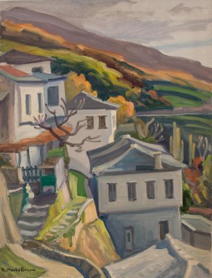 Makrinitsa, View, Houses, Mountains — Oil painting, Canvas, 50.00×65.00cm — Theodoros Markellos